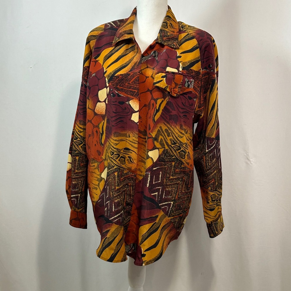 LE CAVIAR Abstract Print Long Sleeve‎ Button Up Shirt Women's Size L Polyester